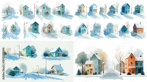 Soft winter village illustration collection with snowy houses and muted colors creating a calm seasonal atmosphere for holiday decor peaceful landscapes and cozy storytelling scenes.