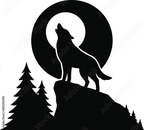 Black silhouette of a wolf howling at the moon isolated on
