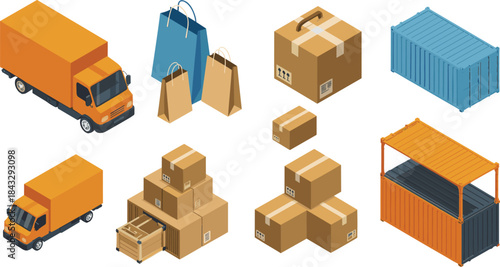 Isometric shipping and delivery icons set, cargo boxes containers trucks illustration, logistics transportation concept, ecommerce packaging design