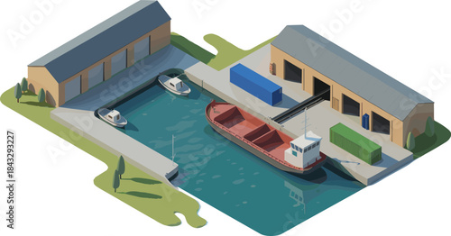 Isometric small harbor illustration, cargo boat canal warehouses containers scene, inland port logistics transportation, industrial waterfront design