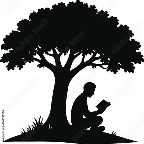 Silhouette of a man reading under a tree isolated on