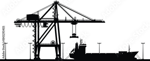 Silhouette of a huge gantry crane loading a cargo ship at a commercial port terminal, global logistics and freight vector.