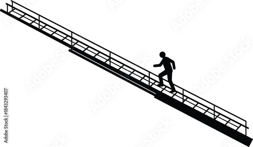 Black Silhouette Vector Graphic of a Man Climbing Steep Stairs, Success, Motivation, and Determination Concept, Person Walking Up an Inclined Escalator, Isolated on White Background.