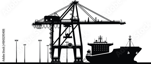 Silhouette of a massive industrial port crane loading a cargo container ship, global logistics and shipping transportation vector.