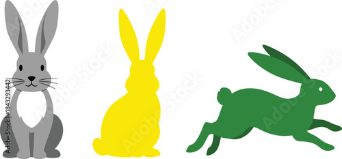 Rabbit vector illustration set featuring cute cartoon bunny, solid silhouette, and jumping hare shapes, simple flat animal designs for children, icons, and seasonal projects