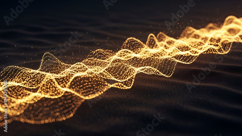 Abstract golden particle wave flowing on dark surface showing luxury energy motion depth glow rhythm texture elegance futuristic background design inspiration