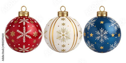 Christmas Glass Bauble Variations Set, Red White Blue Ornaments, Festive Holiday Decoration Illustration