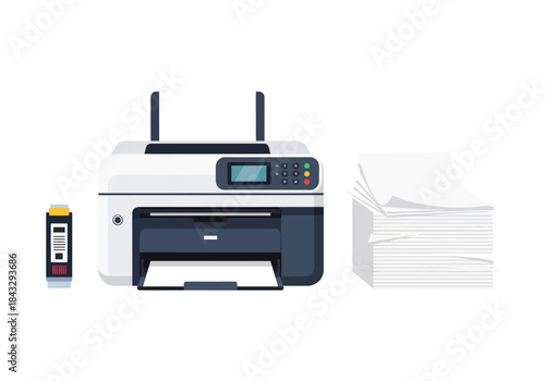 Printer with Ink Cartridge and Paper Stack on White.