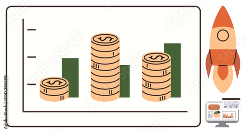 Bar chart with increasing green bars, coin stacks representing profit, rocket symbolizing growth, and computer screen. Ideal for investment, finance, progress, startup, business data analysis