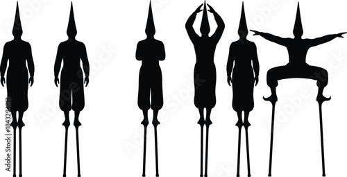 Stilt Walkers Silhouette Vector Collection, Six Different Performers with Tall Conical Hats, Entertainment, Circus, Festival, Acrobatics, and Traditional Art Graphic Set.