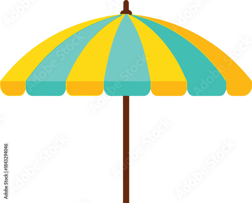 Colorful beach umbrella illustration with alternating yellow and teal stripes on transparent background