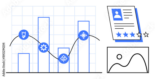 Bar chart with seasonal icons overlaid, connected by trendline. Includes star-rated profile document and basic landscape graph. Ideal for data analysis, trends, performance review, infographics