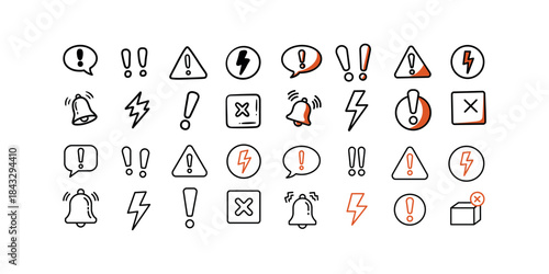 Set of hand-drawn warning and notification icons with orange accents alert attention
