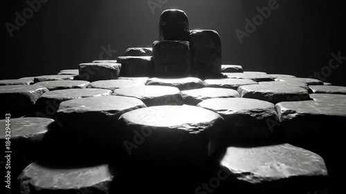 Abstract stone formation illuminated by dramatic lighting in a dark space