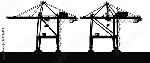 Two Large Port Container Cranes Silhouette Vector, Gantry Machinery Used for Cargo Shipping and Freight Transportation, Industrial Logistics and Trade Graphic.