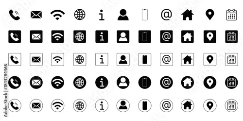 Contact icon vector set 2025. Phone, Call, Email, Address, Website, Fax, Mobile, Calendar, Chat icons. Social media icons 2026