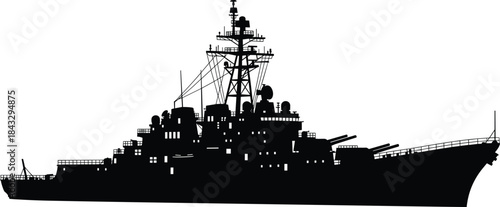 Black Silhouette Vector Outline of a Modern Guided Missile Cruiser or Destroyer Warship – Naval Power, Defense, and Maritime Security Graphic Isolated on White