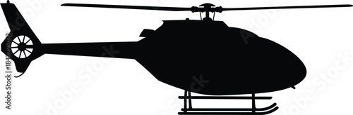Black Silhouette Vector Outline of a Modern Helicopter with Main and Tail Rotors – Aircraft, Aviation, Transport, and Rescue Graphic Isolated on White Background