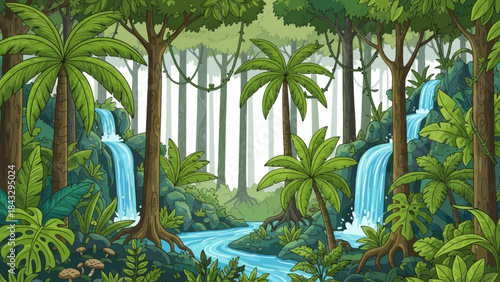 tropical rainforest filled with tall trees, thick vegetation, layered canopies, and rich natural textures creating a humid, vibrant ecosystem full of biodiversity on white isolated background