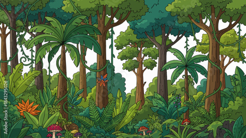tropical rainforest filled with tall trees, thick vegetation, layered canopies, and rich natural textures creating a humid, vibrant ecosystem full of biodiversity on white isolated background