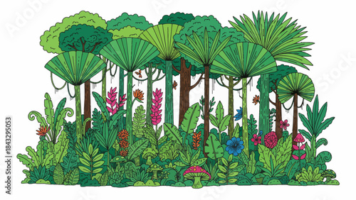 tropical rainforest filled with tall trees, thick vegetation, layered canopies, and rich natural textures creating a humid, vibrant ecosystem full of biodiversity on white isolated background