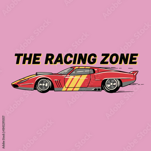 Retro Racing Zone Car Design.Vintage Muscle Car Vector.Hot Rod Print Illustration.Speedster Graphic Pink.70s Sport Car Artwork