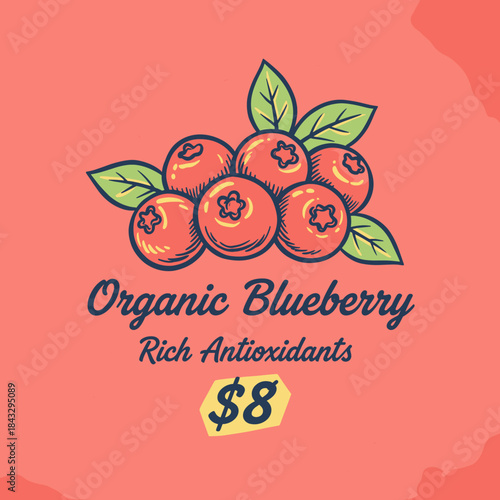 Retro Blueberry Produce Sign.Organic Berries Vector Art.Engraving Style Fruit Label.Vintage Food Market Poster.Hand Drawn Blueberry Badge