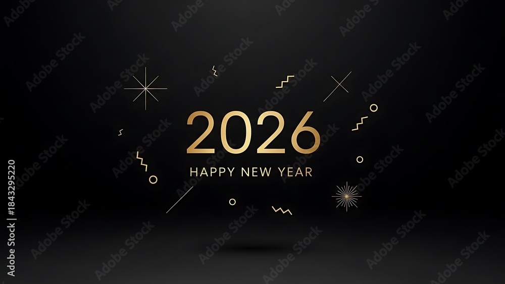 Fototapeta premium Happy New Year 2026 Golden Elegant Text with Decorative Elements on Black Background