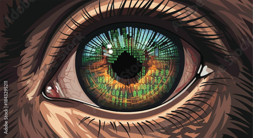 Extreme Close-up of a Human or Animal Eye with Glowing Green and Yellow Iris and Digital Circuitry Pattern Overlay