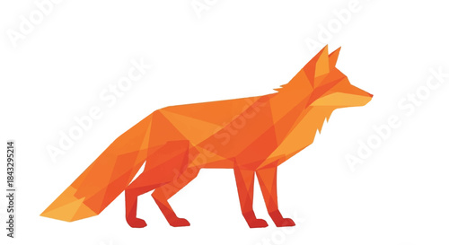 Low Poly Geometric Fox Figure in Vibrant Orange and Red Tones, Abstract Polygon Art Representation of Wildlife