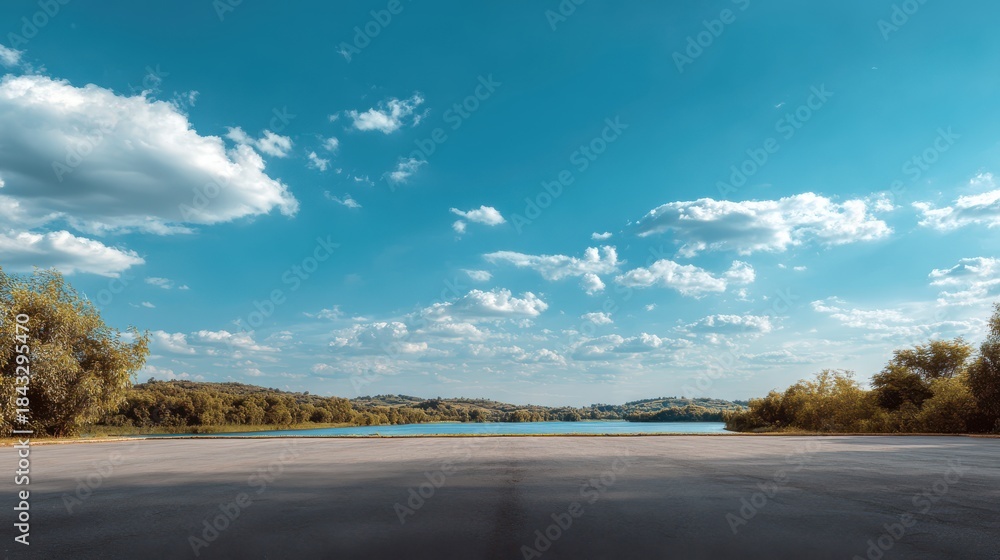 Fototapeta premium Serene Lake Under Clear Blue Sky with Fluffy White Clouds and Green Trees