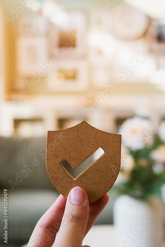 Hand holding shield with check mark symbol represents security, protection, trust, and approval. Ideal for concepts of data safety, quality assurance, compliance, insurance, and business reliability.