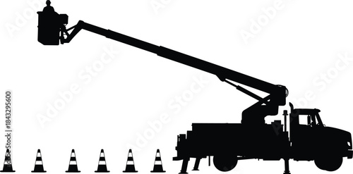 Bucket truck lift silhouette with operator and safety cones, maintenance service, utility vehicle, isolated on white vector illustration.