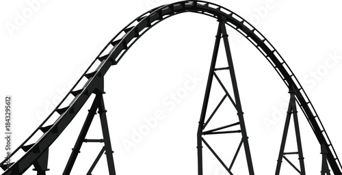 Black steel roller coaster track against white background, thrilling amusement park ride element structure, dynamic curve design, engineering marvel, excitement, speed, vertical ascent.