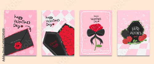 Creepy Valentine gothic Postcard Design, Spooky Valentine, Pastel Goth digital stickers, Alternative Valentine day  Hand-drawn Vector