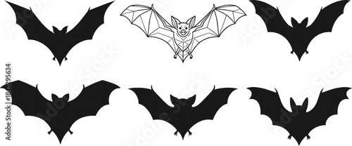 Bat silhouette and geometric bat illustration set, flying bats, spooky animal icons, Halloween graphic, minimal and detailed bat artwork