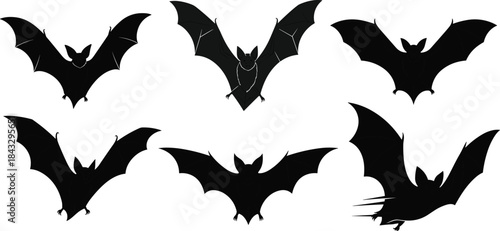 Bat silhouettes in flight, nocturnal wildlife, Halloween theme, wing variation, vector illustration, black icon, spooky design, animal motion