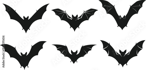 Bat silhouettes in flight, nocturnal animals, wildlife vector, Halloween theme, black icon, wing shapes, spooky design, graphic illustration