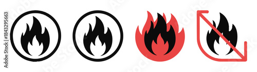 Collection of four fire icons including two in circles, one large red flame, and a red no-fire warning sign