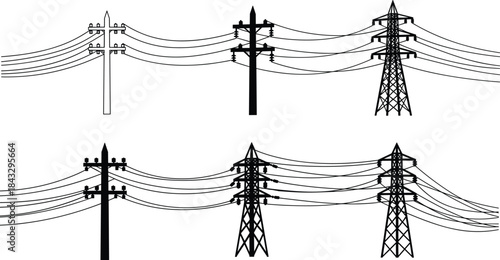 Electrical transmission towers, utility poles, power line infrastructure, silhouette icons, engineering reference, energy distribution, urban planning, vector illustration, black design elements