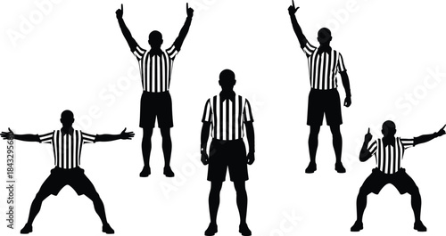 Football referee hand signals, sports officiating, game rules, silhouette vector, black icon, athletic gesture, American football, referee poses