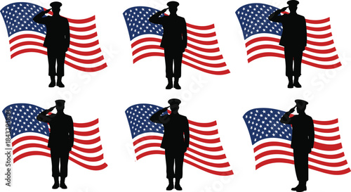 Saluting soldier silhouettes with American flags, patriotic tribute, military respect icons, USA graphic, veteran honor, national pride illustration