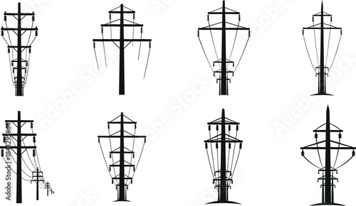 Utility pole silhouettes, electrical infrastructure, power line design, crossarm configurations, insulator types, energy grid, vector illustration, black icon, engineering reference