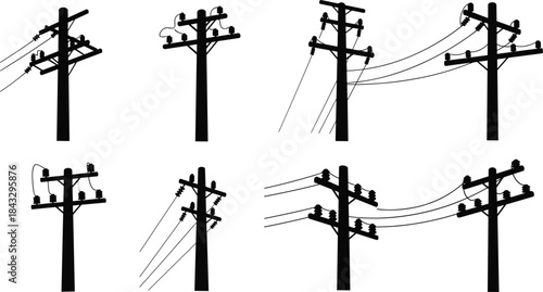 Utility pole silhouettes, electrical infrastructure, power line design, crossarm configurations, insulator types, urban planning, energy distribution, engineering reference, black vector icons