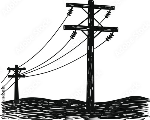 Utility poles with power lines, rural infrastructure, electrical distribution, silhouette vector, black icon, engineering design, energy grid, sketch landscape