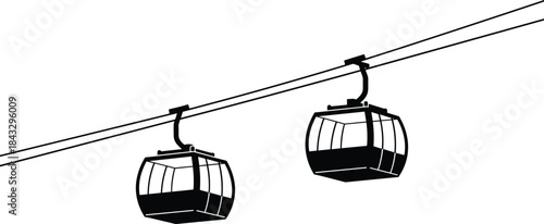 Cable car silhouettes, gondola lift illustration, aerial transportation graphic, mountain cableway design, suspended cabins artwork, tourism travel concept, transport system image