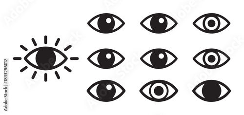 Group of stylized eye icons showcasing various pupil designs and a glowing eye symbol for enhanced vision