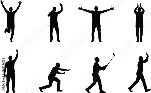 Cheering people silhouette bundle, enthusiastic crowd vector set, happy audience celebrating success, jumping, raising hands, standing, cheering, isolated black figures on white.
