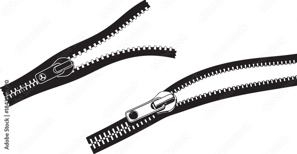 Fototapeta premium A simple, stylized black and white vector graphic illustrating the process of opening and closing a zipper.