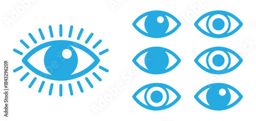 Eye icon vector set, blue sight symbol, vision look sign in flat style isolated on white background